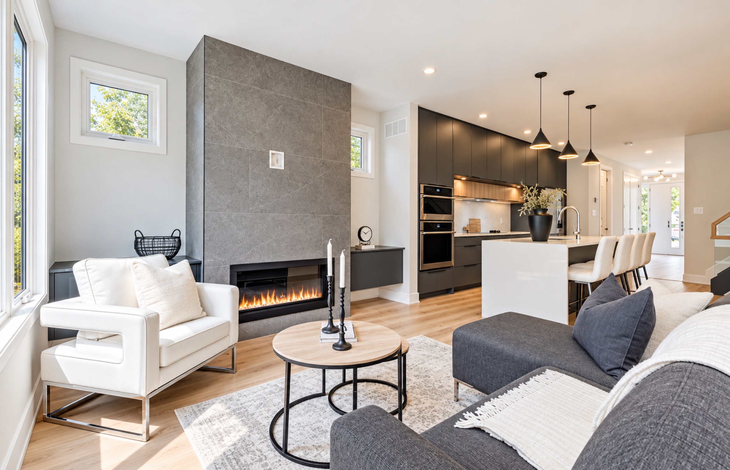 Open-concept living room and black kitchen renovated by Zibara Renovations