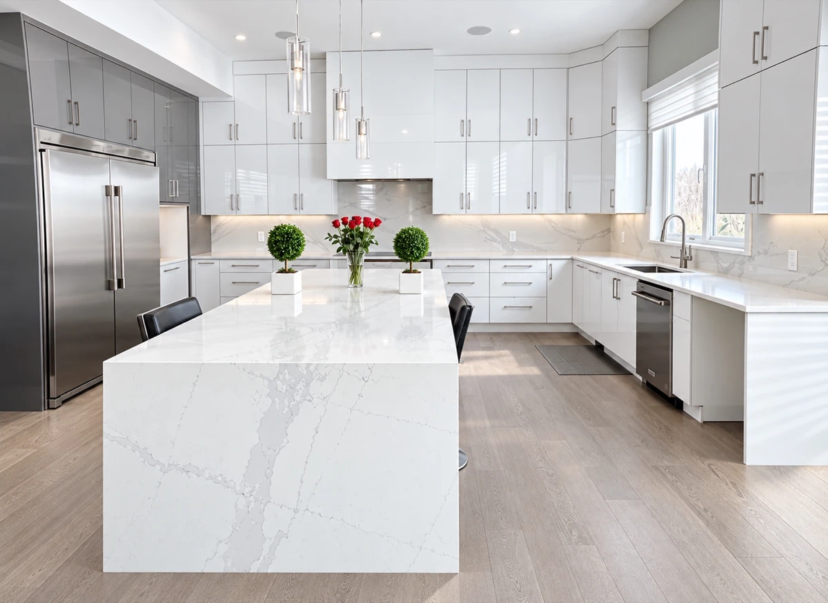 White custom kitchen with a large waterfall island