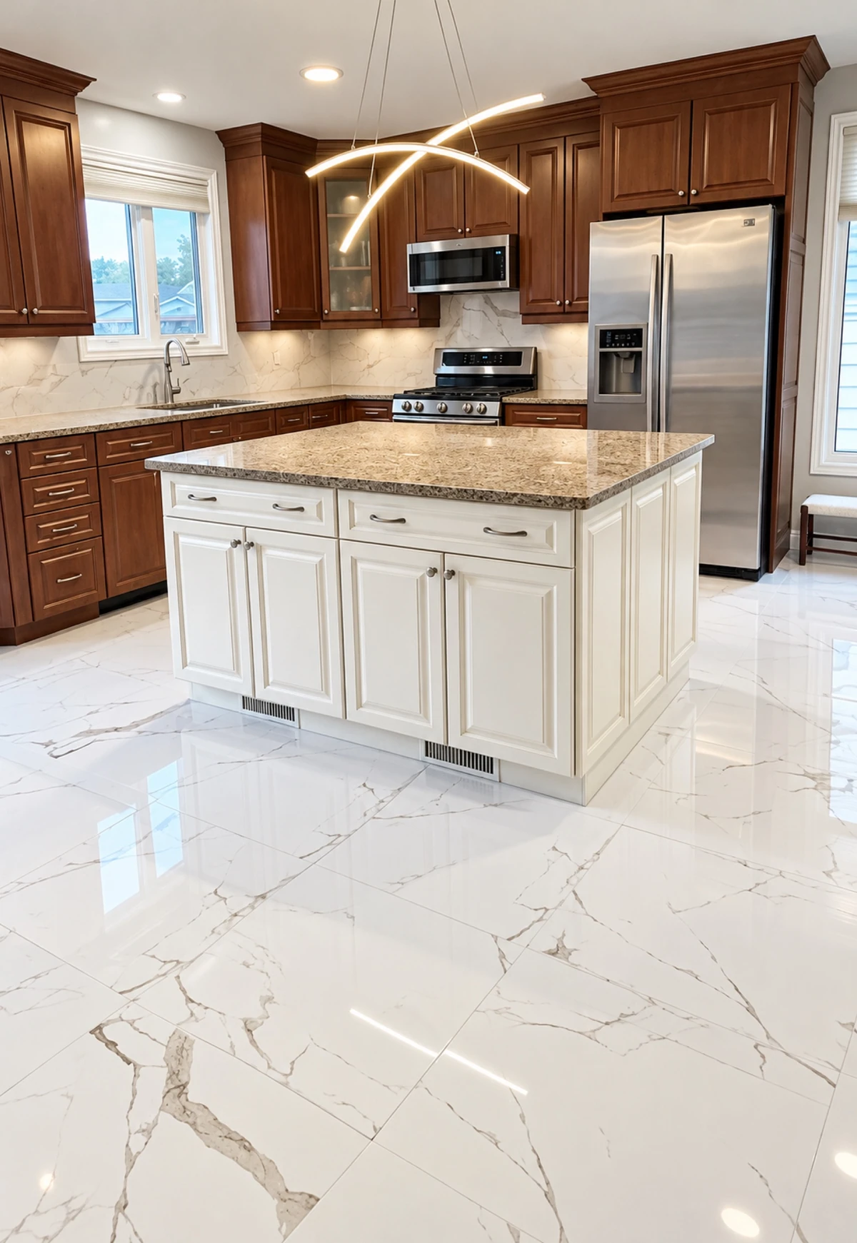 Cream kitchen with a large island, stainless appliances and glossy marble-look flooring