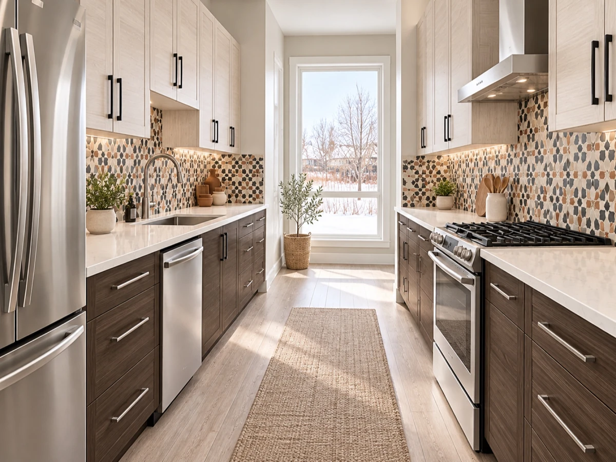 Bright galley kitchen with white cabinetry and a patterned tile backsplash