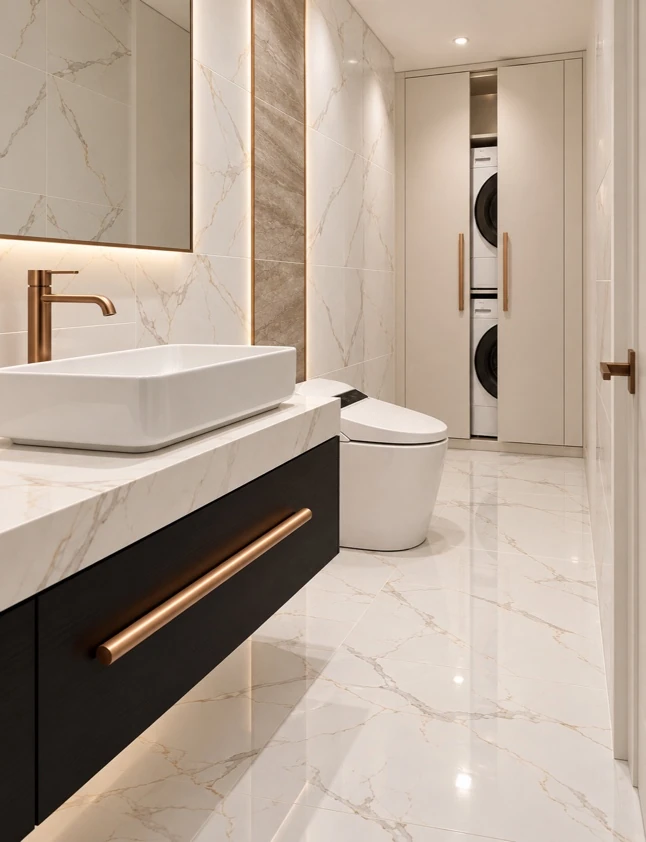 Compact powder room with black vanity and integrated laundry cabinetry