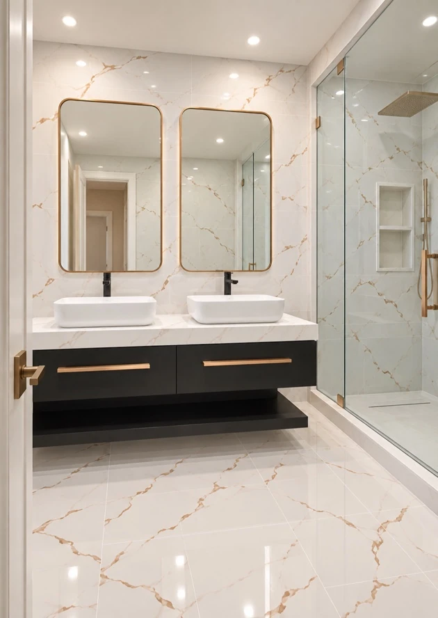 Primary ensuite with black floating vanity, glass shower and warm wood accents